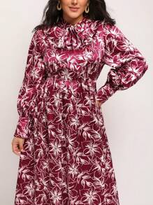 Anis Illustration Artist Plus 全身印花系带缎面优雅连衣裙，适合假期、度假、节日 - 玫紅色 - 查看 3