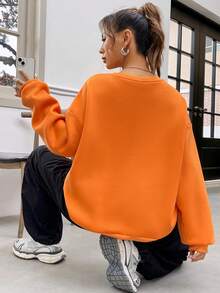 SHEIN EZwear 人像圖案落肩袖運動衫 - 橘色 - 查看 2