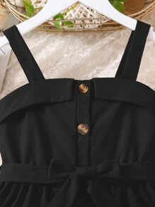 SHEIN 女大童前紐扣腰帶吊帶洋裝 - 黑色 - 查看 3