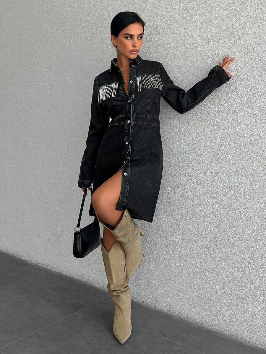 RueChic Fringe Trim Button Front Denim Dress - Black - View 1