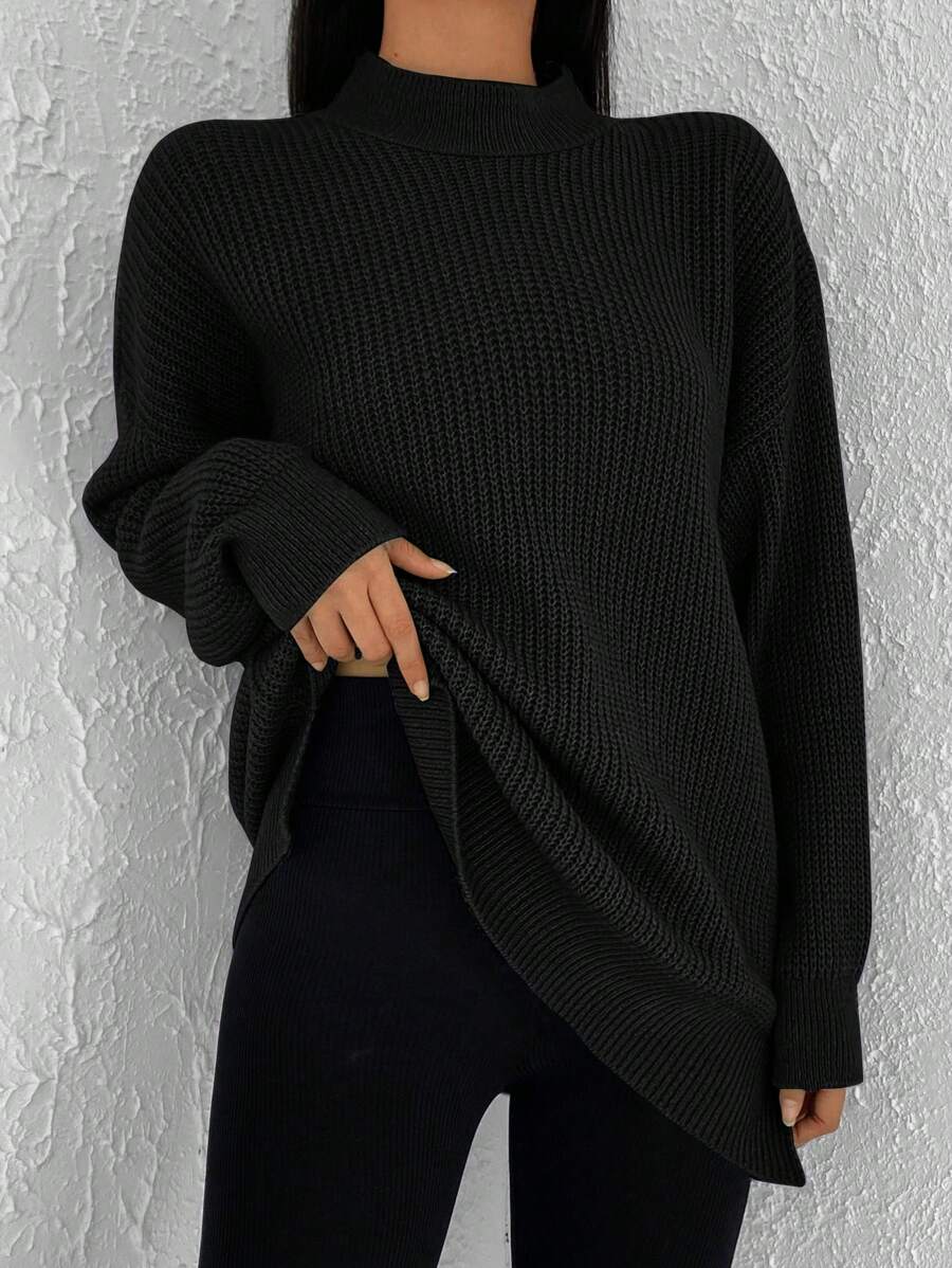 Cloudara Jersey de cuello alto de hombros caídos - Negro - Ver 1