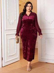 Modelyn 勃艮第红色加荷叶边袖开衩后背天鹅绒连衣裙（无腰带） - 酒紅色 - 查看 5