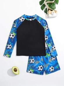 Young Boy Football Print Beach Swimsuit Kids Swimming ,Kids Beachwear - Multicolor - View 1