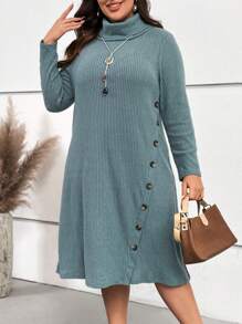 EMERY ROSE Plus Turtleneck Button Detail Ribbed Knit Dress - Green - View 1