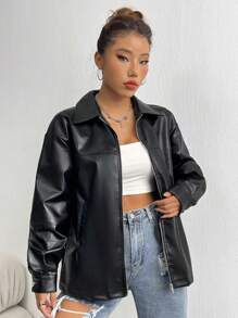 Flirla Drop Shoulder Zip Up PU Leather Coat
