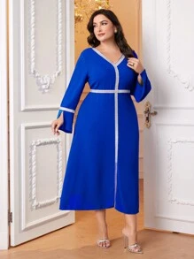Al Najma Plus Contrast Trim Flounce Sleeve Dress - Blue - View 4