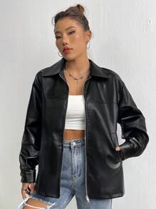 Flirla Drop Shoulder Zip Up PU Leather Coat