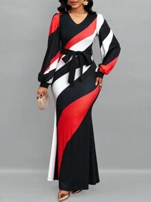 SHEIN Lady Vestido de color combinado de manga farol con cinturón bajo sirena - Multicolor - Ver 4