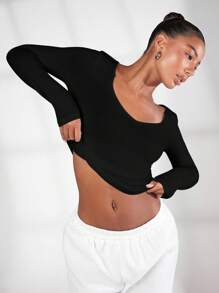 SHEIN BASICS 素色V領T恤 - 黑色 - 查看 7