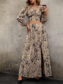 SHEIN Frenchy 通體印花燈籠袖短款上衣和開衩大腿裙 - 杏色 - 查看 3