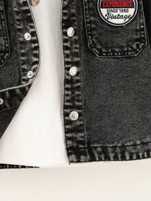 Young Boy Letter Patched Dual Pocket Denim Jacket Without Tee - Black - View 4