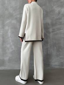 EURMUSE Contrast Trim Mock Neck Drop Shoulder Split Hem Sweater & Knit Pants - Beige - View 2