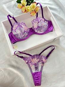 SHEIN Floral Embroidery Mesh Underwire Lingerie Set - Purple - View 5