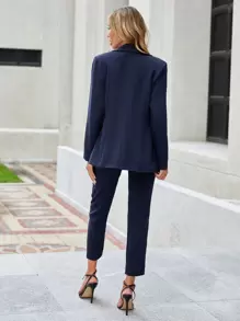 EURMUSE Women's Solid Color Double-Breasted Long Sleeve Blazer And Skinny Pants Suit Set - Navy Blue - View 2
