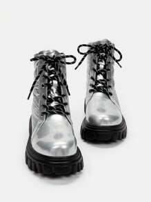 SheIn ICON 時尚粗跟靴子 - 銀色 - 查看 1