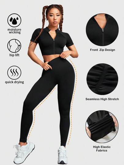 Gameset SHEIN Sport 无缝拉链运动T恤和紧身裤女士健身套装女士紧身裤套装健身房女士服装