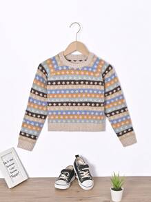 Tween Boy 1pc Allover Pattern Raglan Sleeve Sweater - Khaki - View 1