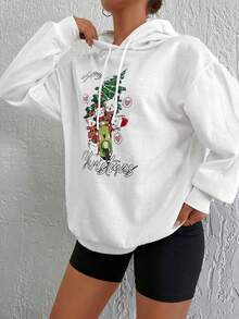 EURMUSE Capucha con estampado de Navidad de hombros caídos con cordón - Blanco - Ver 6