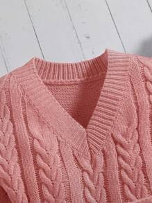 SHEIN 年輕女孩絞花針織束帶毛衣洋裝 - 粉色 - 查看 5