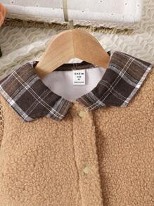 SHEIN Young Girl Plaid Print Contrast Collar Jacket & Pleated Skirt & Hat - Brown - View 7