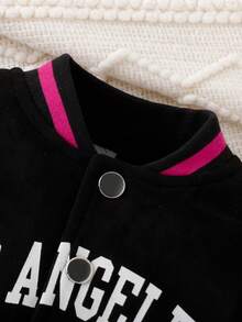 女嬰字母圖案條紋鑲邊拼色校隊夾克（不帶T恤） - 黑色 - 查看 3