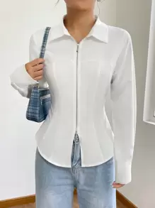 SHEIN EZwear 素色拉鏈開襟弧形下擺襯衫 - 白色 - 查看 4