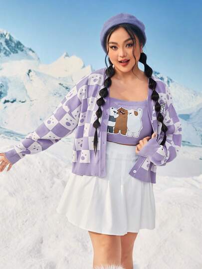 We Bare Bears X SHEIN Plus Checker Pattern Drop Shoulder Cardigan & Cartoon Pattern Cami Knit Top