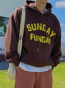DAZY 男士字母圖案袋鼠口袋落肩袖抽繩連帽衫不帶T恤 - 棕色 - 查看 1
