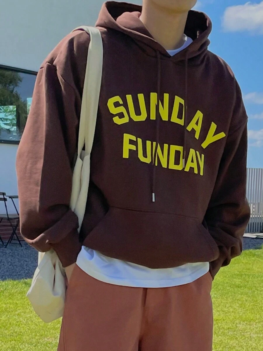 DAZY 男士字母圖案袋鼠口袋落肩袖抽繩連帽衫不帶T恤 - 棕色 - 查看 1