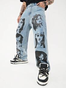 Manfinity LEGND 寬鬆男士人體印花直筒牛仔褲 - 藍色 - 查看 8