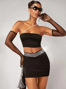SHEIN BAE One Shoulder Crop Top & Bodycon Skirt Without Arm Sleeves - Black - View 1