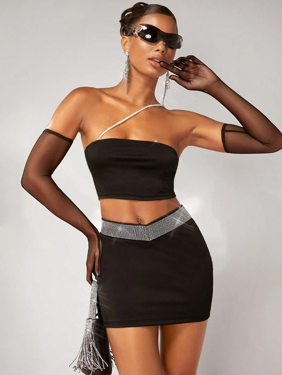 SHEIN BAE One Shoulder Crop Top & Bodycon Skirt Without Arm Sleeves - Black - View 1