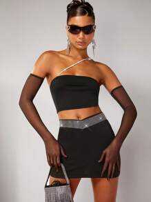 SHEIN BAE One Shoulder Crop Top & Bodycon Skirt Without Arm Sleeves - Black - View 4