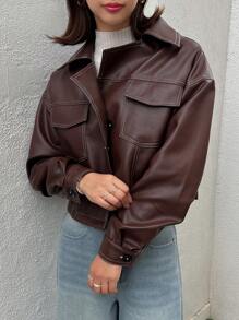 FRIFUL Flap Pocket Drop Shoulder PU Jacket,Fall Women Clothes - Coffee Brown - View 9