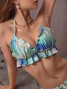 SHEIN Swim Summer Ombre Ruffle Hem Halter Bikini Top - Multicolor - View 5