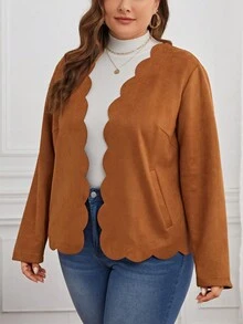 SHEIN LUNE Plus Scallop Trim Open Front Jacket - Brown - View 5