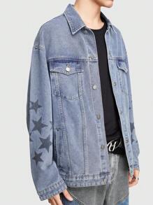 ROMWE MEN Street Life Men Denim Jacket With Turn Down Collar, Pockets And Star Pattern - Medium Wash - View 4