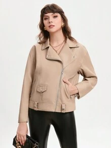 GENKIRA Áo khoác Moto có khóa kéo - Màu Khaki - Xem 5