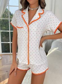 CottageSlumber Allover Heart Print Contrast Binding PJ Set / Pajama Set - Orange - View 5