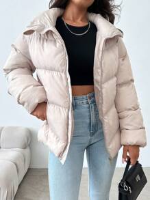 EURMUSE Zip Up Hooded Puffer Coat - White - View 3