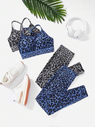 4 piezas Conjunto deportivo con estampado de leopardo