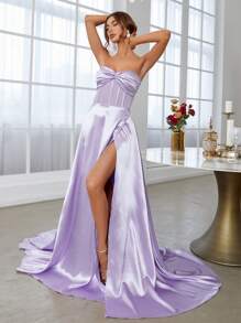 Ruched Split Thigh Tube Formal Dress - Mauve Purple - View 5