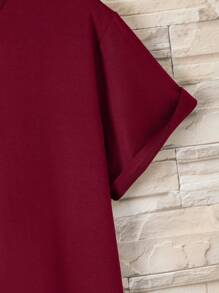 Manfinity Dauomo Nam Chất rắn Vòng cổ Áo thun - Màu Đỏ Sâu - Xem 3