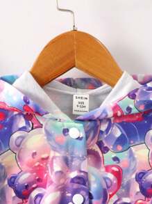 女嬰1入組小熊印花拉鏈開襟連帽夾克 - 紫色 - 查看 4