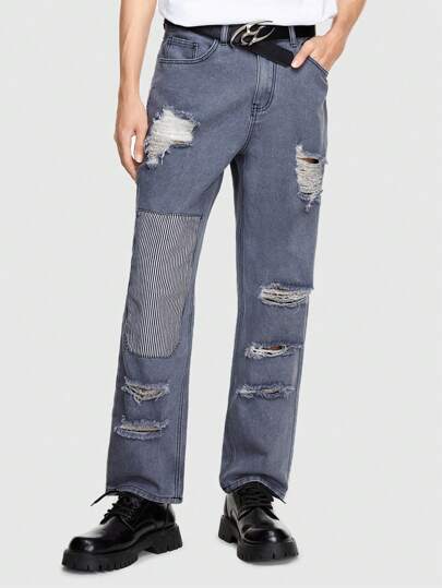 Prep Jeans Pour Homme À Jambes Droites Déchirées Sans Ceinture