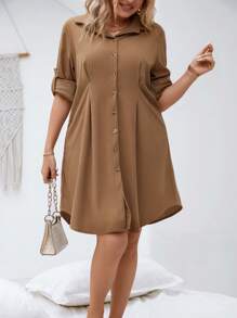 SHEIN LUNE Plus Fold Pleated Detail Roll Tab Sleeve Dress - Brown - View 5