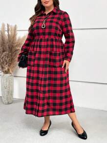 EMERY ROSE Cộng với váy vá túi in họa tiết Gingham - Đỏ - Xem 3