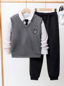 SHEIN Tween Boy Letter Patched Tank Top & Sweatpants & Shirt - Grey - View 2