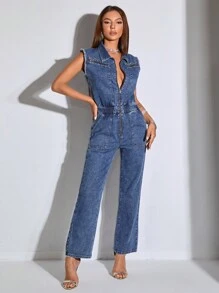 SHEIN BAE 翻蓋口袋拉鏈開襟牛仔連身褲 - 中等水洗藍 - 查看 1