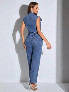 SHEIN BAE 翻蓋口袋拉鏈開襟牛仔連身褲 - 中等水洗藍 - 查看 2